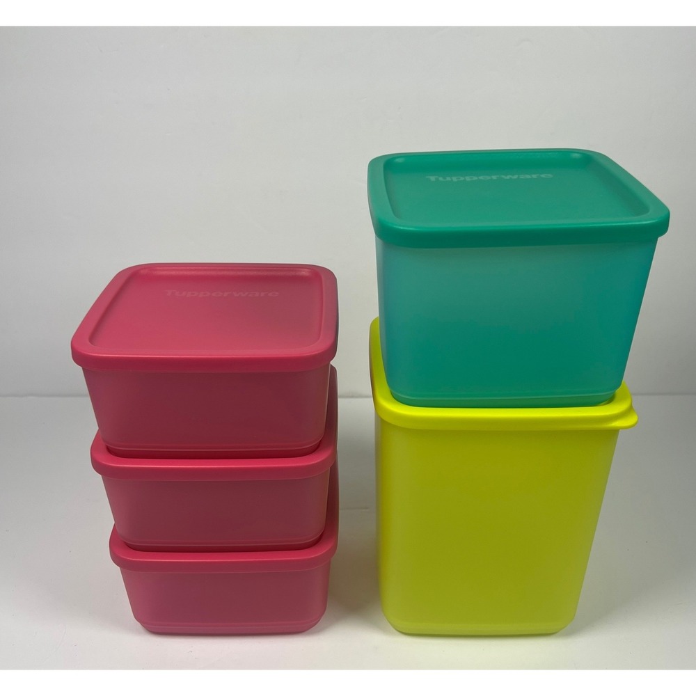 Tupperware‎ Basic Bright Square Storage Container Set 5 Pink Yellow Green